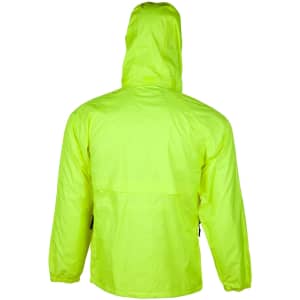 A bright yellow spray jacket with a hood, featuring a simple design and a rear view. It includes a logo on the fabric.