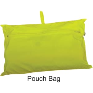 A bright yellow pouch bag with a zip closure and a handle for easy carrying. It features a logo.