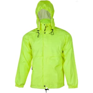 A bright yellow spray jacket with a hood and adjustable drawstrings, featuring a front pocket and a logo.