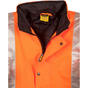 A Hi-Vis two-tone rainproof quilted safety jacket in bright orange with reflective silver stripes and a black lining.