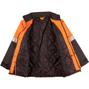 Hi-vis two-tone quilted safety jacket in orange and black, featuring 3M reflective tapes and an inner lining.