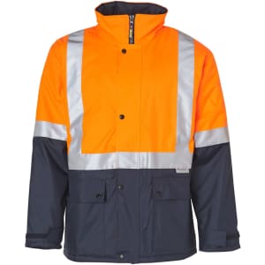 A hi-vis two-tone rainproof quilted safety jacket featuring bright orange and navy blue colours, with reflective 3M tapes.