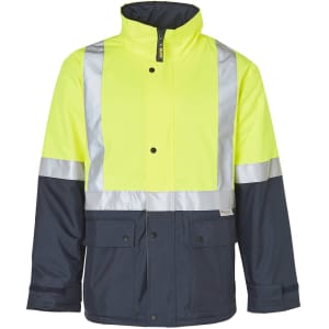 Hi-Vis two-tone rainproof quilted safety jacket featuring silver reflective tapes, with a bright yellow upper and navy lower.