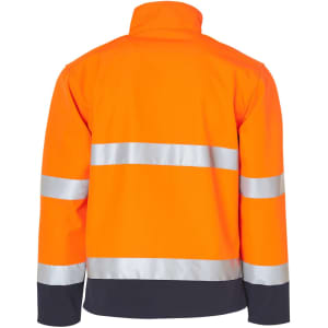 A bright orange safety jacket featuring silver reflective stripes and a navy blue lower section, with a collar.