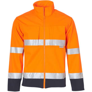 A bright orange two-tone safety jacket featuring reflective strips, with a zip front and a collar. It has a logo.