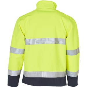 A high-visibility two-tone safety jacket in bright yellow with reflective silver strips and a dark navy base.
