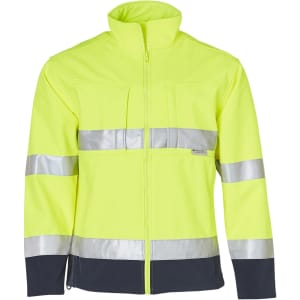 A bright yellow two-tone safety jacket with 3M reflective tape and a navy blue bottom section. It features a zip front and a logo.