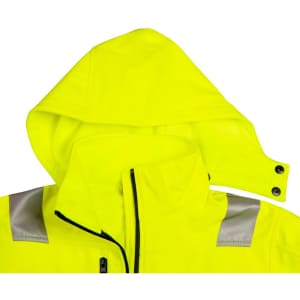 A bright yellow hooded softshell jacket with reflective tape and a detachable hood. Features a zip closure.