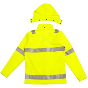 A bright yellow hooded softshell jacket featuring reflective strips and a detachable hood. Includes branding.