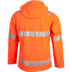 A hi-vis softshell hooded jacket in bright orange with reflective 3M tape details, featuring a hood and long sleeves.