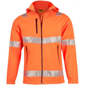 A bright orange hooded softshell jacket featuring reflective strips and a logo. Suitable for workwear and visibility.