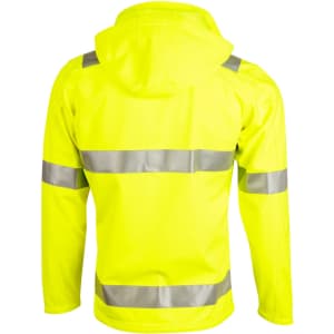 A bright yellow hooded softshell jacket featuring reflective 3M tape, designed for visibility in workwear.