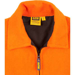 An orange safety jacket featuring a zippered collar and a black inner lining, with a logo present.
