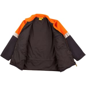 A Hi-Vis two-tone safety jacket in orange and navy blue, featuring reflective 3M tapes. The interior is dark with no visible branding.