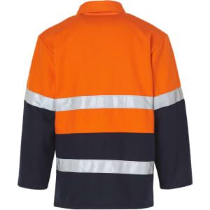 A Hi-Vis two-tone safety jacket featuring orange and navy blue colours, with reflective 3M tape stripes.