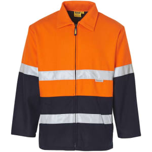 A two-tone safety jacket in orange and navy blue, featuring reflective 3M tape and a zip front.