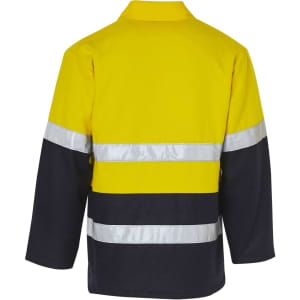 A Hi-Vis two-tone safety jacket in yellow and navy blue, featuring reflective 3M tape details and a logo.