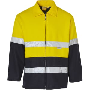 A Hi-Vis two-tone jacket in yellow and navy blue, featuring reflective 3M tapes and a zip front.