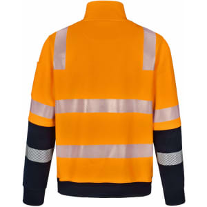 An orange and navy work jumper featuring reflective stripes and a collar, designed for safety.
