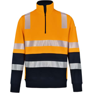 A high-visibility jumper in orange and navy with reflective stripes and a quarter zip. It features a logo on the sleeve.