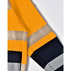 A bright yellow work jumper featuring reflective stripes and a dark navy blue lower section. Includes a logo.