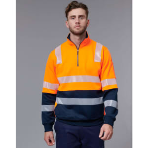 A vibrant orange work jumper with reflective stripes and navy blue accents, featuring a half-zip collar.