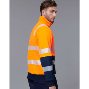 An orange and navy work jumper featuring reflective stripes, suitable for safety wear. It has a high collar and a logo.