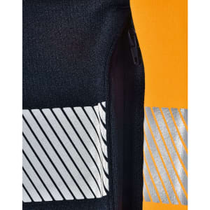 A black and orange work jumper featuring reflective stripes and a zippered section. It has a branding logo.