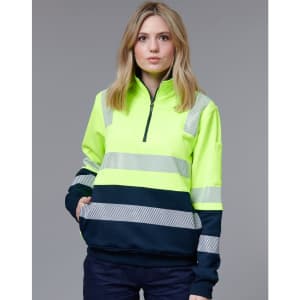 A high-visibility work jumper in fluorescent yellow with navy stripes and reflective detailing. It features a zip collar.