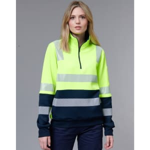 A high-visibility work jumper in fluorescent yellow and navy, featuring reflective strips and a zip-up collar.