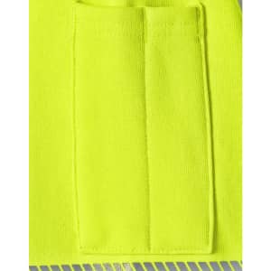 A bright fluorescent yellow jumper featuring two pockets on the front. The fabric appears durable and suitable for workwear.