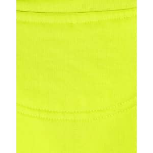 A bright high-visibility yellow work jumper featuring a smooth fabric texture and a logo.