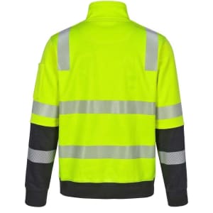 A high-visibility yellow safety jumper with reflective stripes and black sleeves, featuring a logo on one sleeve.