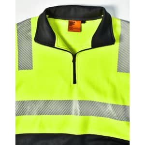 A high-visibility jumper in fluorescent yellow and black, featuring reflective stripes and a zippered collar.