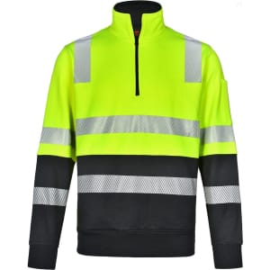 A high-visibility jumper in fluorescent yellow and black with reflective stripes and a half-zip collar.