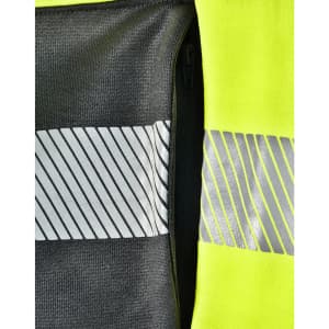 A bright yellow work jumper featuring reflective stripes and a zipper pocket in a contrasting dark grey fabric.