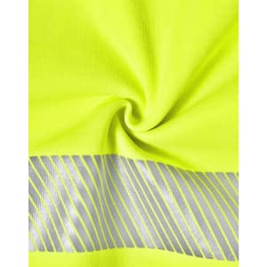 A bright yellow safety jumper featuring silver reflective stripes. The fabric is smooth and has a twisting texture.