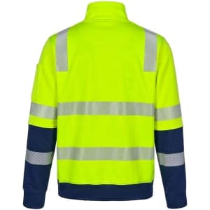 A high-visibility jumper in fluorescent yellow with navy blue sleeves and reflective stripes on the back.