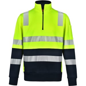 A high-visibility yellow and navy work jumper featuring reflective stripes and a zippered collar. It has a logo.