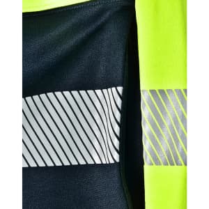 A navy jumper with reflective stripes and high visibility yellow accents, featuring a logo.