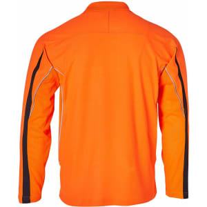 A high-visibility long-sleeve polo shirt in bright orange, featuring black detailing and a logo on the front.