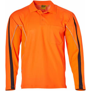 A long-sleeve high-visibility polo shirt in bright orange with black accents and a pocket. Features a logo.