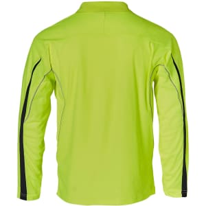 A bright yellow long-sleeve polo shirt with black accents and a logo on the chest.