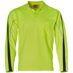 A long-sleeved hi-vis polo shirt in bright yellow with black accents and a pocket. It features a logo.