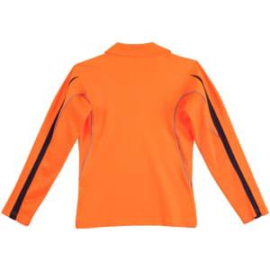 A fine orange long-sleeved polo shirt with black detailing and a logo on the back. Ideal for workwear use.