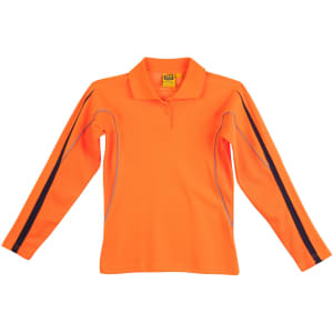 A long-sleeved, high-visibility polo shirt in bright orange with black accents and a branding logo.