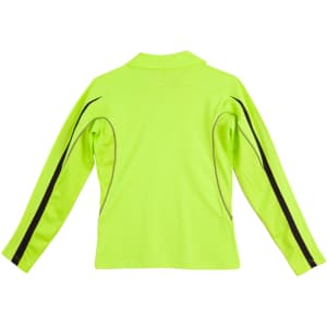 A bright yellow long-sleeve polo shirt with black detailing and a logo on the back.