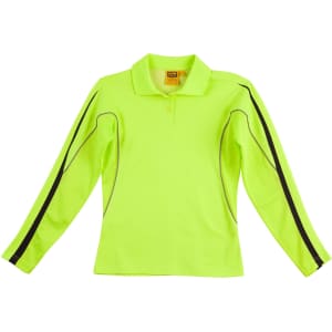 A long-sleeved hi-vis polo shirt in bright yellow-green with black detailing and a logo.