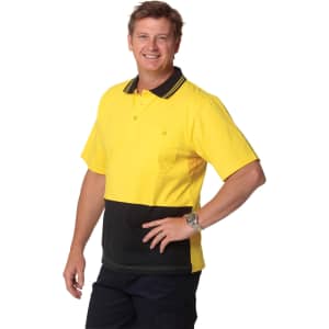 A man wearing a yellow and black two-tone safety polo shirt with a collar and pocket, featuring a branding logo.