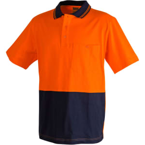 An orange and navy two-tone safety polo shirt with a chest pocket and a logo.